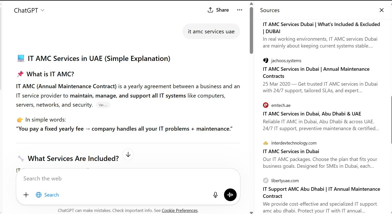 ChatGPT screenshot showing Emtech as a source for IT AMC services UAE