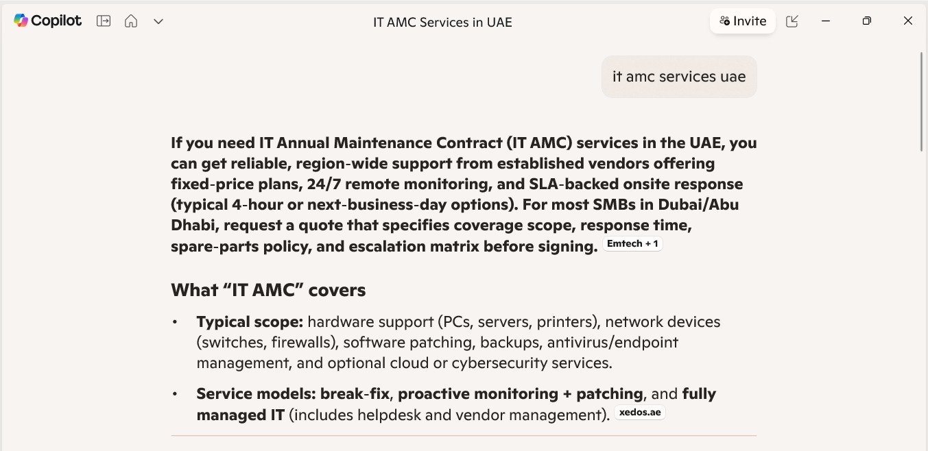 Microsoft Copilot screenshot showing Emtech mentioned for IT AMC services UAE