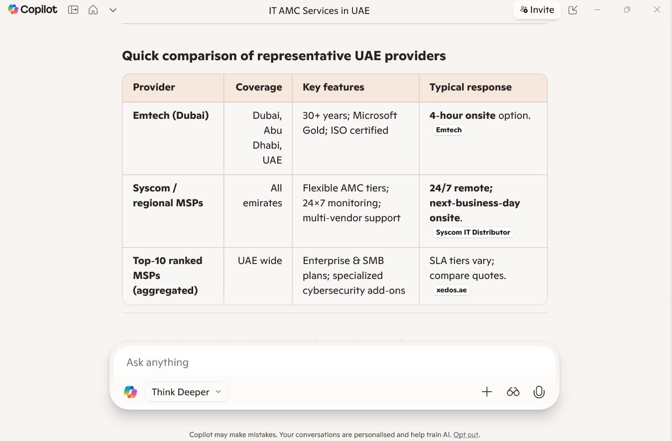 Microsoft Copilot comparison screenshot showing Emtech for IT AMC services UAE