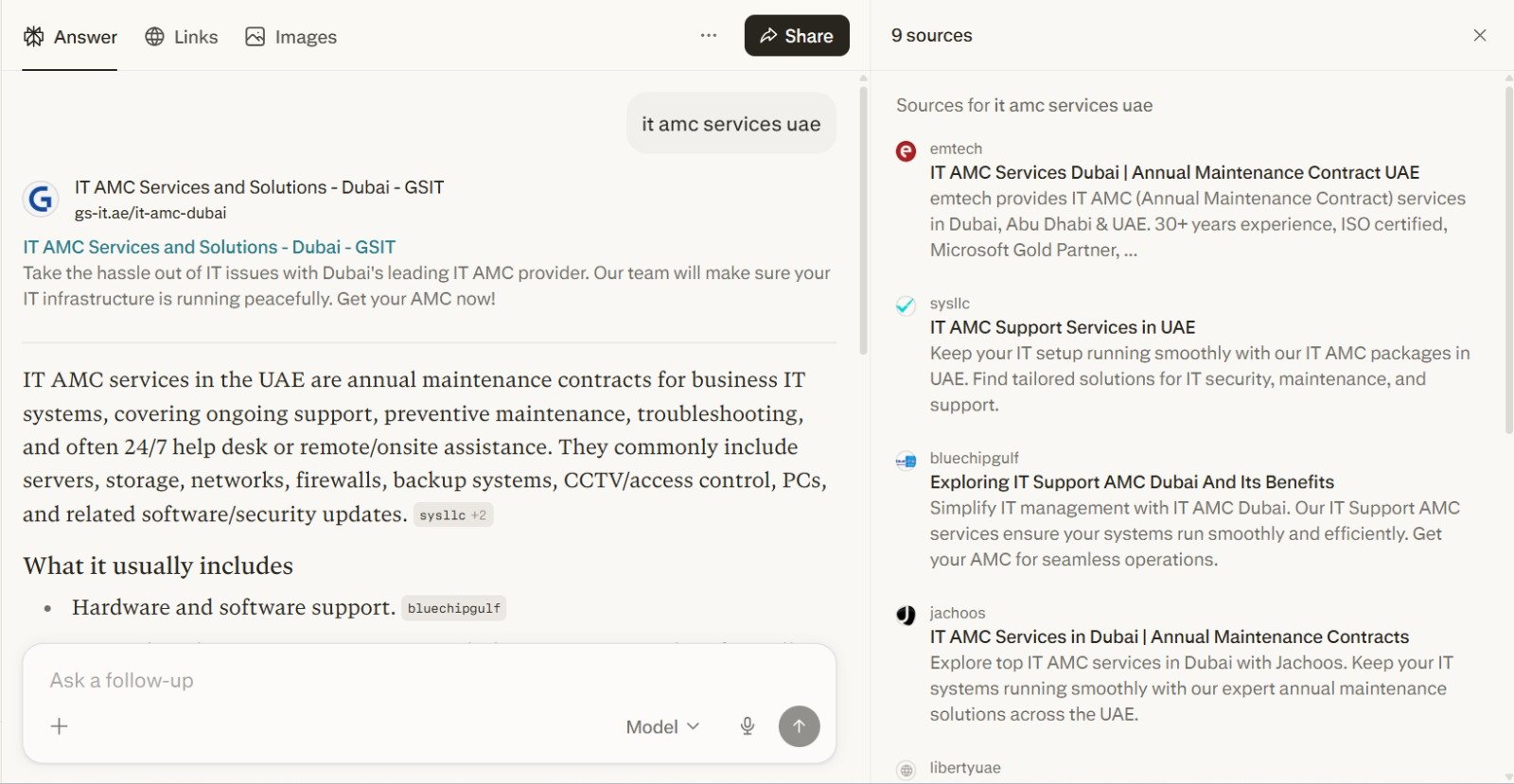 Perplexity screenshot showing Emtech in sources for IT AMC services UAE